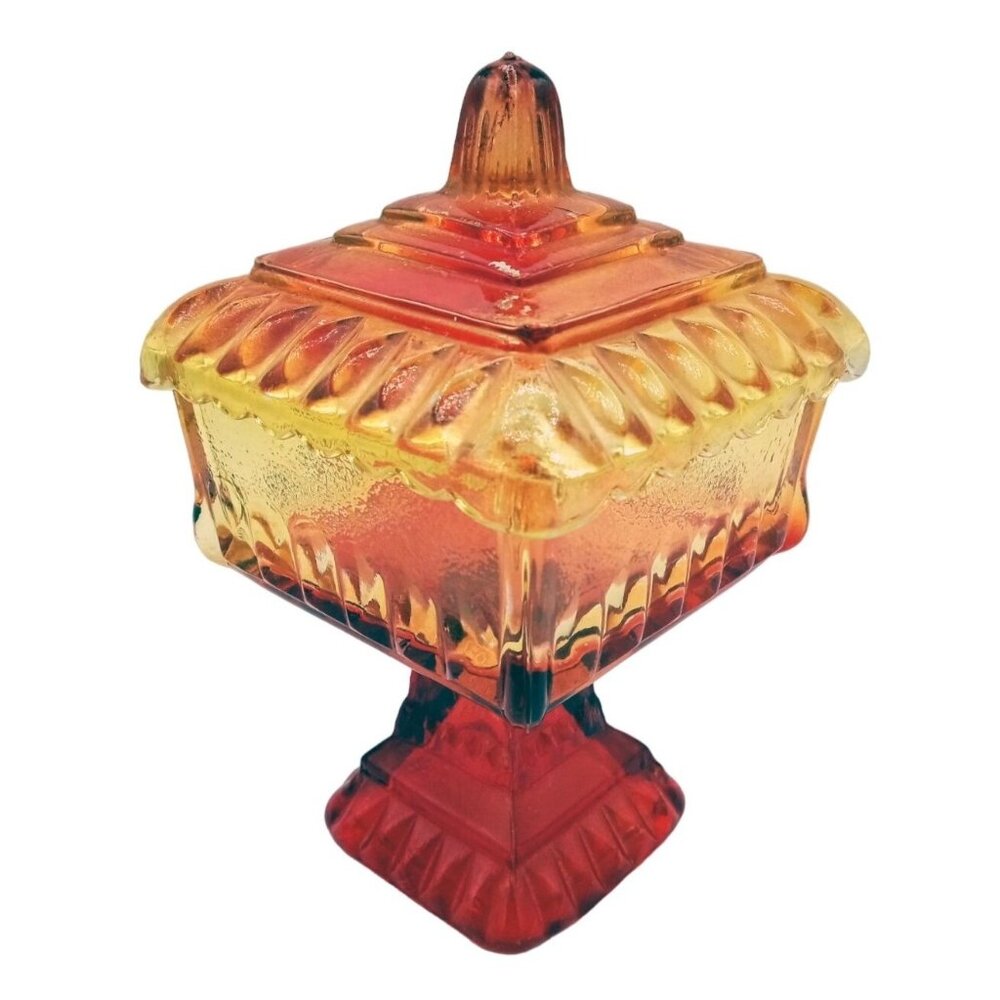 Jeannette Wedding Dish Amberina Glass Carnival Depression Vintage 6.25" Lid Red